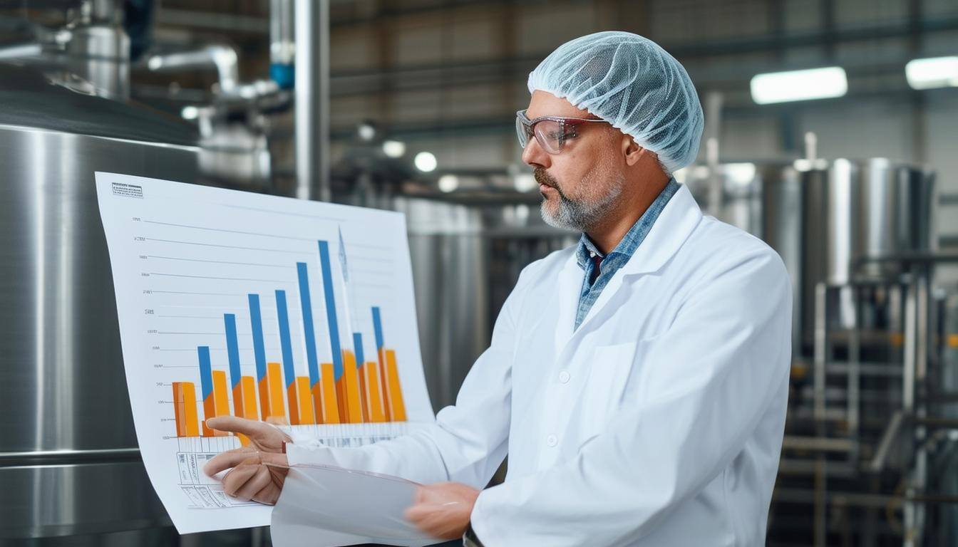 A food factory engineering manager looking at an operational progress chart.